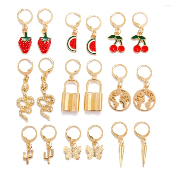 Pendientes colgantes VKME 9 unids/set, conjunto de mapa de frutas de Color dorado a la moda para mujer, pendiente con colgante de mariposa y serpiente con cierre Vintage, joyería