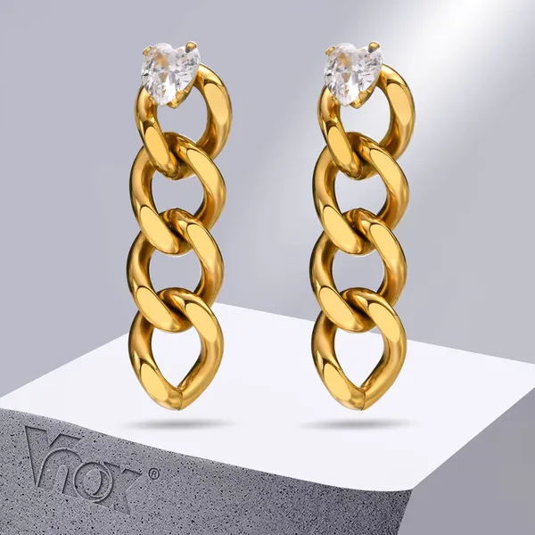 Pendientes colgantes Vnox Chic cadena curva larga para mujer joyería con corazón brillante CZ piedra Color oro Acero inoxidable regalos para las orejas