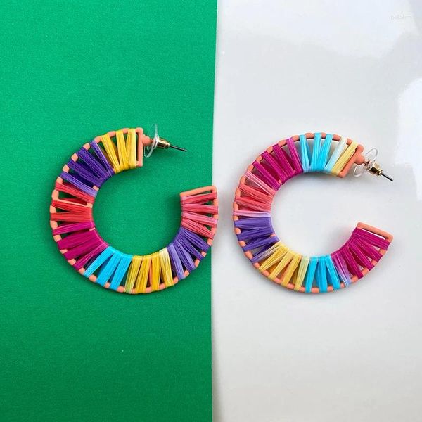 Boucles d'oreilles pendantes ethniques Vogallery, faites à la main en rotin tricoté pour femmes, couleurs bohémien, grands bijoux, accessoires de fête d'été