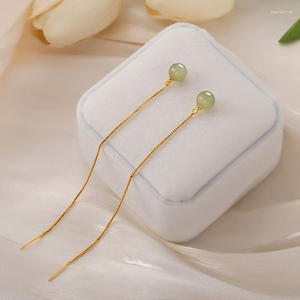 Boucles d'oreilles pendantes VOQ couleur argent Hetian Jade pour femmes vert rond oreille ligne gland bijoux fille cadeaux
