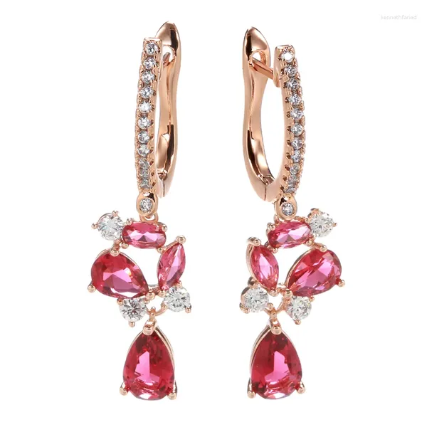 Boucles d'oreilles pendantes Wbmqda luxe cristal fleur longue goutte pour les femmes 585 couleur or Rose avec rouge clair naturel Zircon mariage bijoux fins