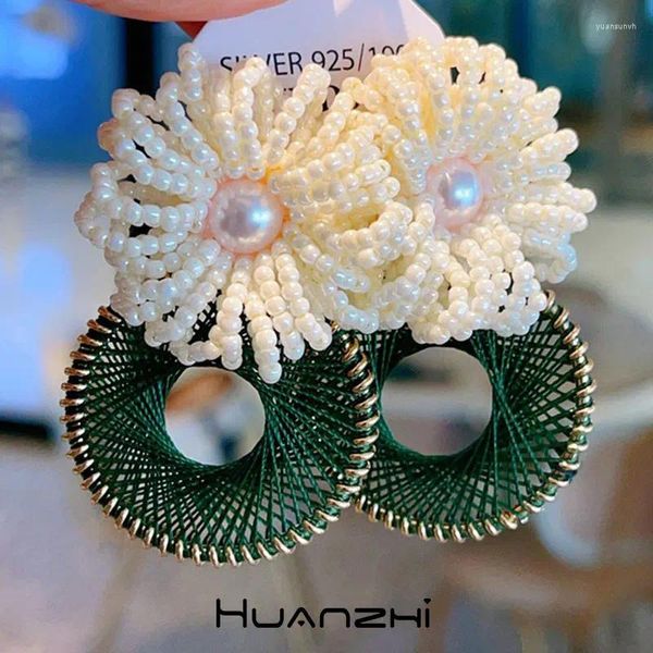 HUANZHI – boucles d'oreilles pendantes en rotin tissé, ligne ronde élégante, goutte de fleur de perle pour femmes et filles, bijoux Vintage de fête, 2024