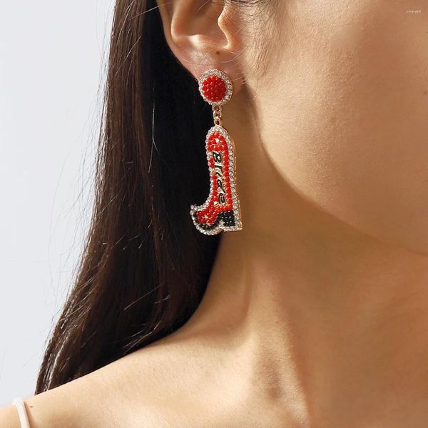 Pendientes colgantes con forma de botas modernas de vaquero occidental para mujer, accesorios creativos para sesión de fotos con cuentas de arroz y purpurina