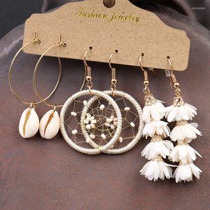 Pendientes colgantes de chifón blanco con flores pequeñas, cuentas de concha colgantes largas, accesorio de joyería de moda fresca para niñas