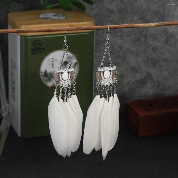 Boucles d'oreilles pendantes en plumes blanches, style Boho rétro, émail géométrique, longues, pour mariée, bijoux cadeau de mariage