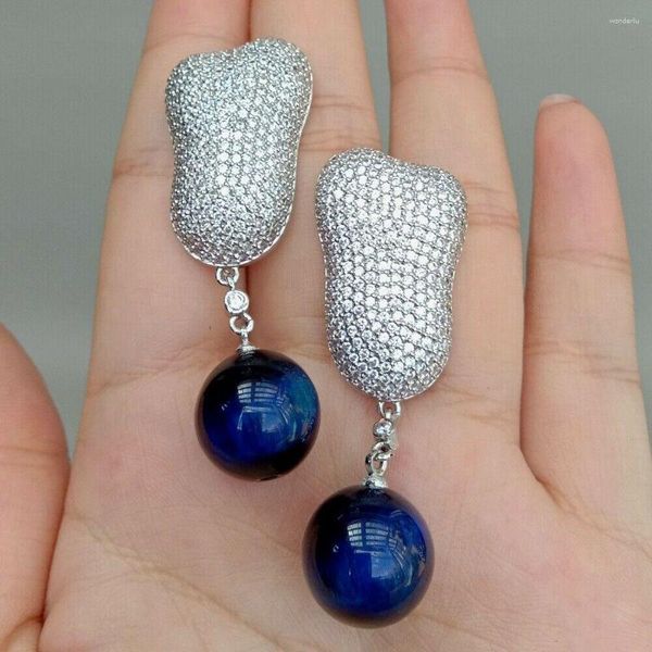 Pendientes Colgantes Chapado En Oro Blanco Cz Pave Azul Redondo Ojo De Tigre