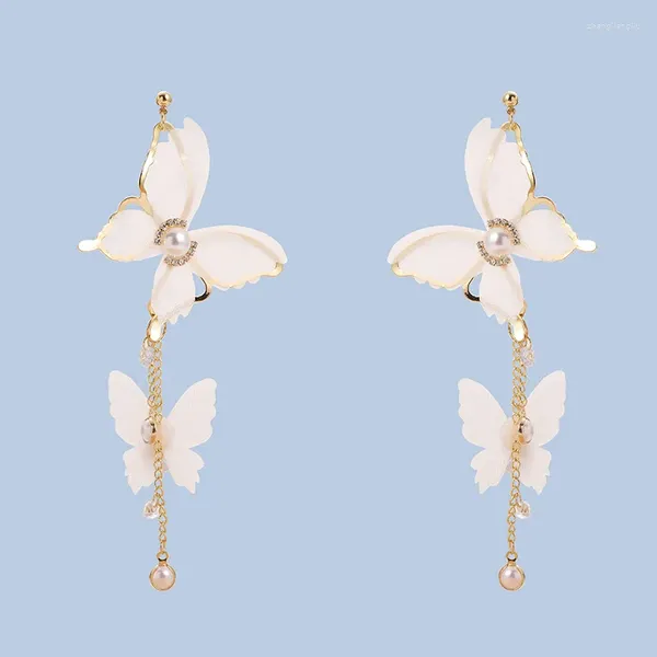 Boucles d'oreilles pendantes en fil de dentelle blanche, papillon Long département elfe Po, Clip de coussin doux, Clips d'oreille