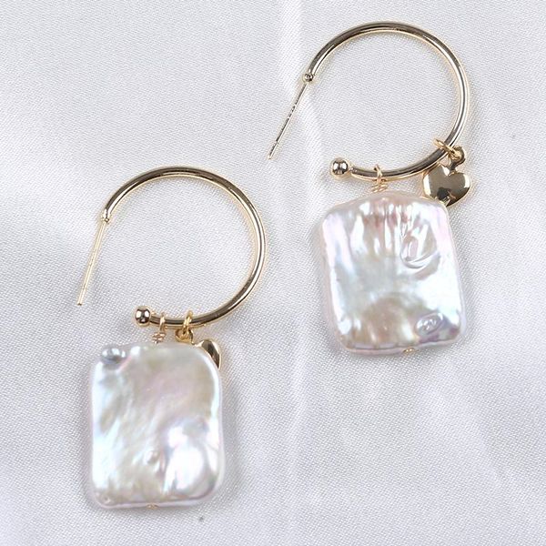 Boucles d'oreilles pendantes en perles baroques naturelles blanches, forme carrée, goutte, couleur or, crochet d'oreille, cadeau pour femmes