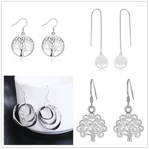 Pendientes colgantes al por mayor, juego de 4 pares de Plata de Ley 925, dijes de árbol de moda para mujer, chica, joyería para fiesta y boda, bonito