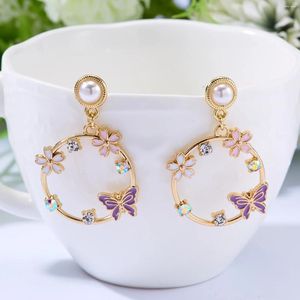 Boucles d'oreilles pendantes en émail, couronne creuse, papillon, bijoux esthétiques pour femmes, fleur douce, accessoires en forme de goutte de perles, vente en gros