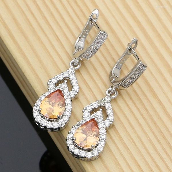 Boucles d'oreilles pendantes avec Champagne zircon cubique 925 bijoux en argent Sterling pour la décoration de mariée ensemble cadeau goutte