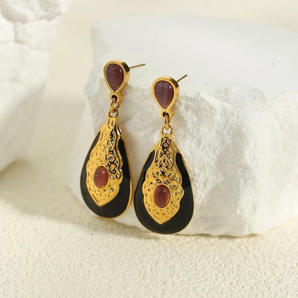 Pendientes colgantes WILD FREE 18K chapado en oro Vintage gota de acero inoxidable para mujeres esmalte negro joyería estética de lujo gótica