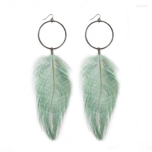 Pendientes colgantes Pluma de avestruz de invierno Círculo negro largo Pluma auténtica Joyería de niña Regalo de hermana al por mayor E7808 ZWPON