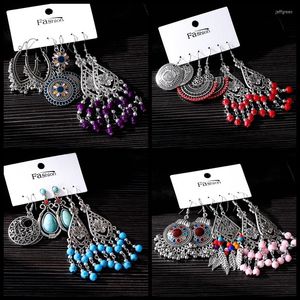 Pendientes colgantes para mujer, Color plata, India, conjunto, joyería Vintage, flor, rojo, púrpura, rosa, turquesas, boda, venta al por mayor