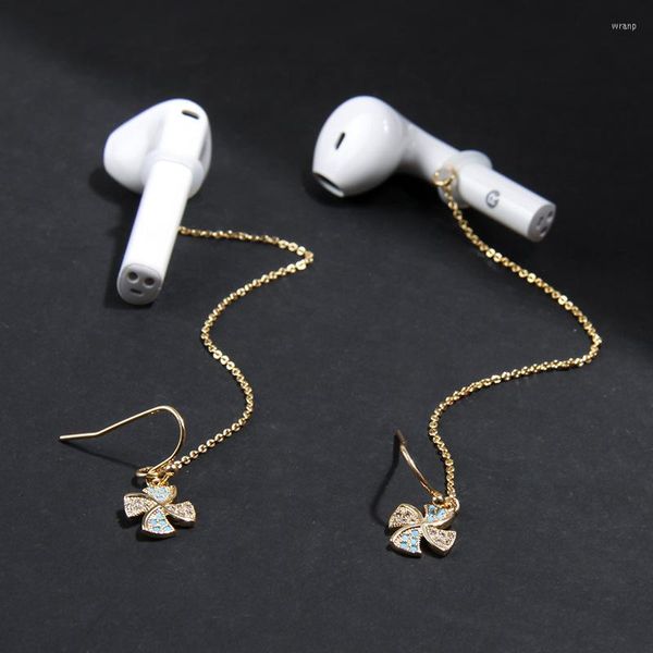 Boucles d'oreilles pendantes femmes cubique Zircon moulin à vent cuivre longue chaîne goutte boucle d'oreille sans fil écouteur Anti perdu pour Apple Airpods casque