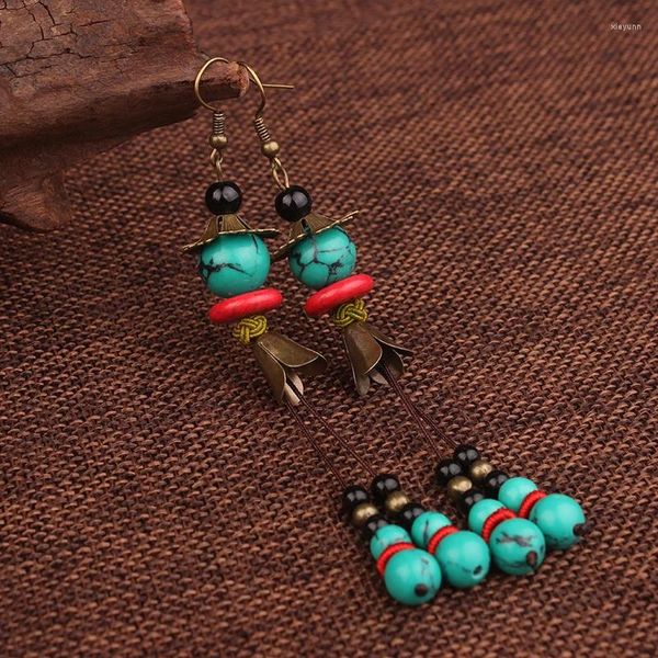 Pendientes colgantes Mujer Moda étnica Hecho a mano Piedras tibetanas Borla Vintage Tailandia Gota larga Verde