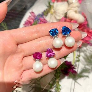 Boucles d'oreilles en peluche femme mode diamant carréd-corundum AB AB vintage perle bleu bulbe de spinelle
