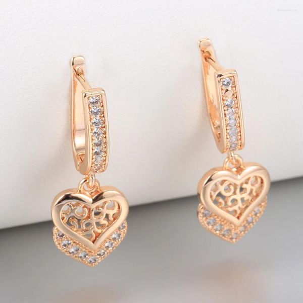 Boucles d'oreilles pendantes pour femmes et filles, couleur or Rose, cœur découpé, amour, cristal, goutte, cadeaux de fête d'anniversaire, GE366, 585