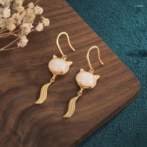 Boucles d'oreilles en peluche 925 bijoux en argent simple Antique Hétian Jade Oreau Strads Retro Temperament Temperament Peach Blossom Pieces