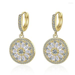 Boucles d'oreilles pendantes de luxe pour femmes, rondes, goutte de tournesol, cristal brillant, doré/blanc, Huggies, Piercing, bijoux cadeaux