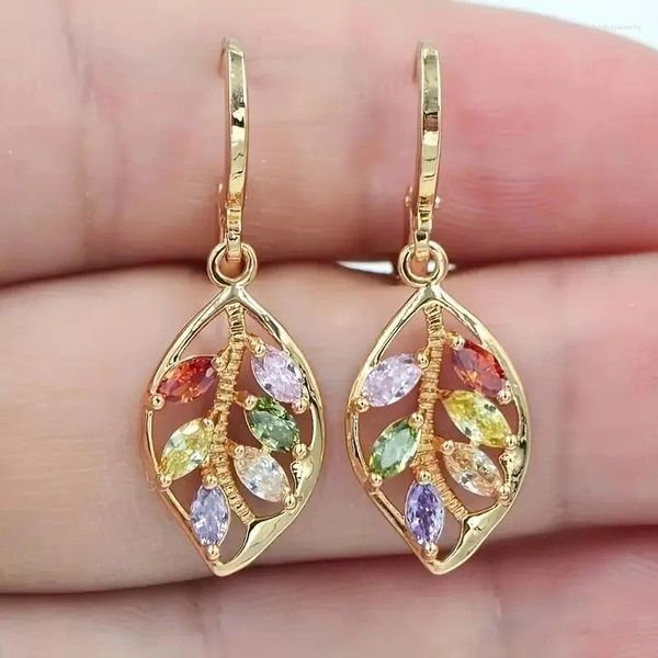 Boucles d'oreilles pendantes en Zircon coloré brillant pour femmes, goutte d'eau multicolore, feuille de pierre, couleur or Rose, bijoux charmants