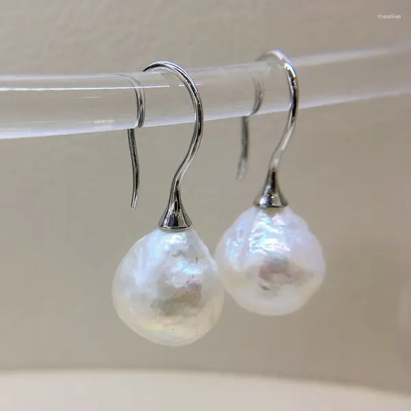 Pendientes colgantes para mujer, anzuelo, perlas barrocas blancas de forma irregular, plata de ley 925, perla para mujer