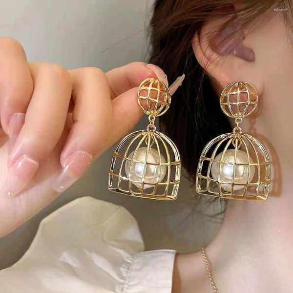 Boucles d'oreilles pendantes femme plaqué or argent filet évidé forme cage à oiseaux pendentif d'oreille fête tendance chic grosse perle boucle d'oreille goutte