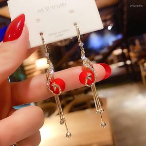 Pendientes colgantes Moda coreana para mujer Encantador lindo Fénix dorado Borla Festiva Perla roja Regalo Joyería Gota