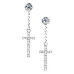 Boucles d'oreilles pendantes en argent Sterling 925 pour femmes et hommes, Original, religieux, coupe ronde, 4mm, Moissanite, chaîne à pompon, goutte croisée, pour femmes et hommes