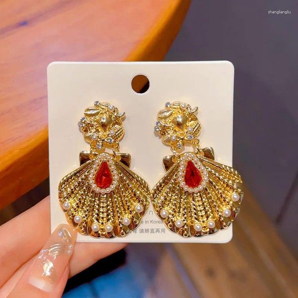 Boucles d'oreilles pendantes pour femmes, Vintage, en forme de coquille, romantique, cristal rouge, délicat, mode coréenne, bijoux de charme exquis