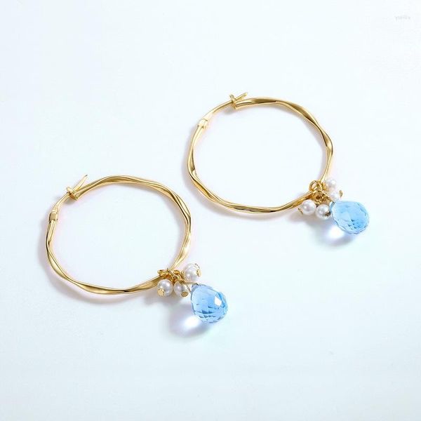 Boucles d'oreilles pendantes femmes saphir cristal goutte d'eau S925 argent Sterling 9k plaqué or coquille perle bleu larme anneau boucle d'oreille