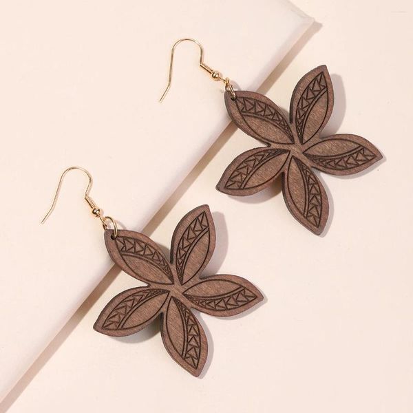 Boucles d'oreilles pendantes en bois massif pour femmes, pendentif sculpté en pétale de fleur, bijoux marron classiques, Vintage, cadeau