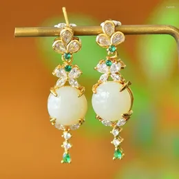 Boucles d'oreilles pendantes pour femmes, Jade blanc avec Zircon émeraude Orecchini Donna véritable néphrite chinoise Hetian Jades, cadeaux de mariage