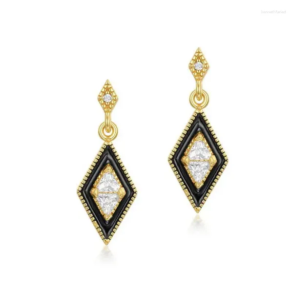 Pendientes colgantes Mujer Circón Diamante S925 Plata de ley 10k Chapado en oro Blanco Negro Gota Pendiente de rombo de aceite