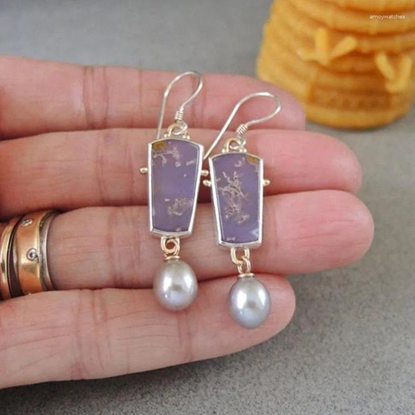 Boucles d'oreilles pendantes pour femmes, opale violette abstraite, carré en émail, pendentif rond en perle blanche, style Boho ethnique, bijoux créatifs