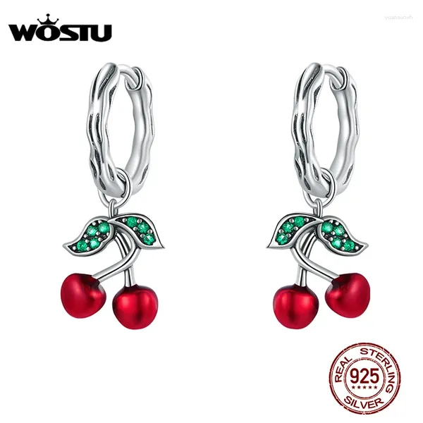 Pendientes colgantes Wostu Summer 925 Sterling Silver Sweet Cherry Drop para mujeres Joyas de moda de esmalte rojo CQE905