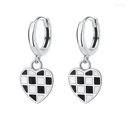 Pendientes colgantes XSL JIAMEI S925 plata esterlina amor corazón tablero de ajedrez blanco y negro goteo aceite regalo de joyería fina para mujer