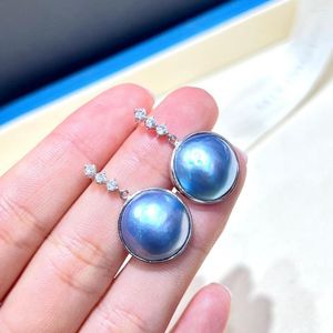 Boucles d'oreilles pendantes XX perle bijoux fins en argent sterling 925 rond 13-14 mm bleu perles Mabe clous présents