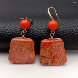 Boucles d'oreilles pendantes Y.YING couleur orange sédiment de mer jaspe forme trapèze goutte crochet plaqué or