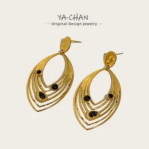 Bengelen oorbellen yachan luxe zwarte natuursteen roestvrijstalen druppel voor vrouwen 18k goud vergulde esthetische sieraden