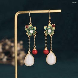 Boucles d'oreilles pendantes Yanting cloisonné longue goutte femmes chinois ethnique Imitation Jade pendentifs à la main suspendus bijoux femme