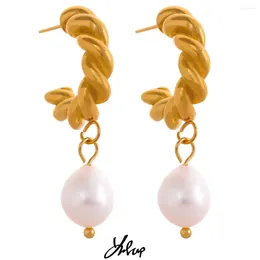 Boucles D'oreilles Yhpup Charme Texture Torsadée Perle Naturelle Goutte En Acier Inoxydable Métal Élégant Or Pvd Bijoux Étanches Aretes Femmes