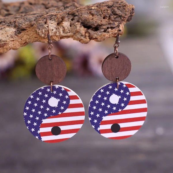 Pendientes colgantes de la bandera estadounidense Yin Yin Yang para mujeres 4 de julio Joyería de chips de madera patriótica roja blanca y azul