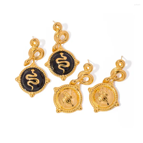 Boucles d'oreilles pendantes pour femmes, Design Unique, en acier inoxydable, disque serpent en relief, pendentif étanche, bijoux à la mode pour femmes