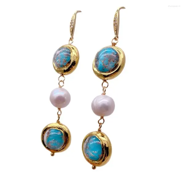 Boucles d'oreilles pendantes YYGEM 10mm perle blanche de culture 16mm crochet en verre de Murano bleu fait à la main pour les femmes fête