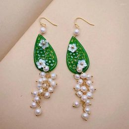 Boucles d'oreilles pendantes YYGEM 24x40mm Jade vert sculpté fleur de coquillage blanc perle grappe or sur argent Sterling crochet boucle d'oreille