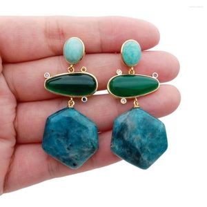 Boucles d'oreilles pendantes YYGEM 28x30mm forme hexagonale apatite bleue amazonite verte agate pierre précieuse à tige