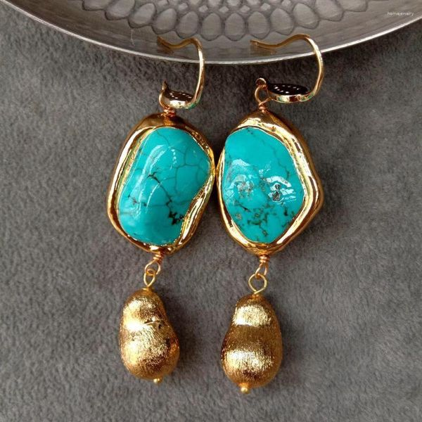 Boucles d'oreilles pendantes YYGEM Bleu Turquoise Nugget Forme Plaqué Or Brossé Perle Crochet Style De Bureau Pour Les Femmes