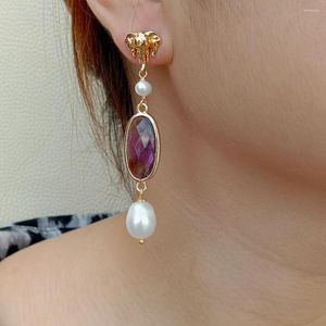 Pendientes colgantes Yygem Amethyst ovalado Natural Oval Blanco Pearl Pearl Gold Color Elephant Stat estilo para mujeres