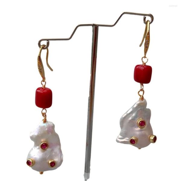 Pendientes colgantes YYGEM Perla Keshi blanca cultivada en agua dulce natural Coral rojo CZ Pave Hook